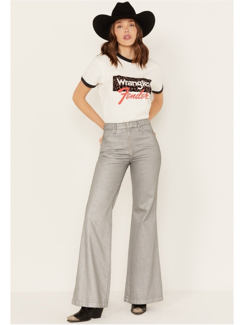 $149 NWT WRANGLER X FENDER WOMEN'S METALLIC WANDERER FLARE JEANS 31